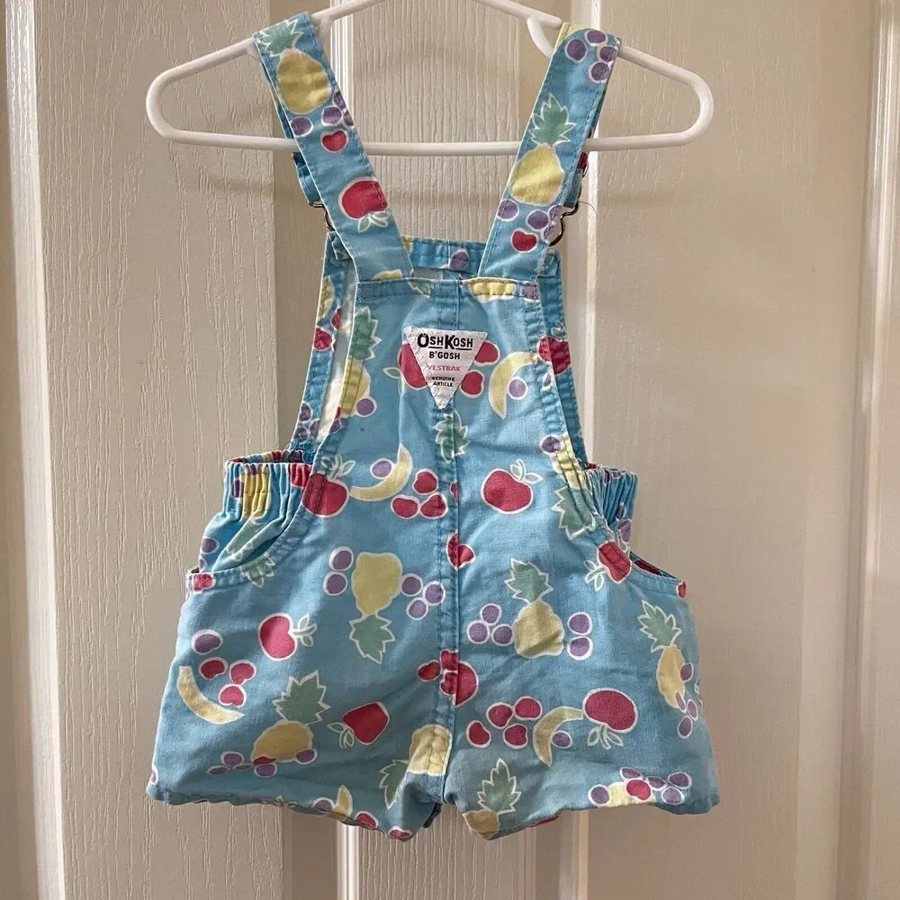 Vintage Oshkosh B'gosh Blue Fruit Shortalls Romper USA Girls Size 18 Months